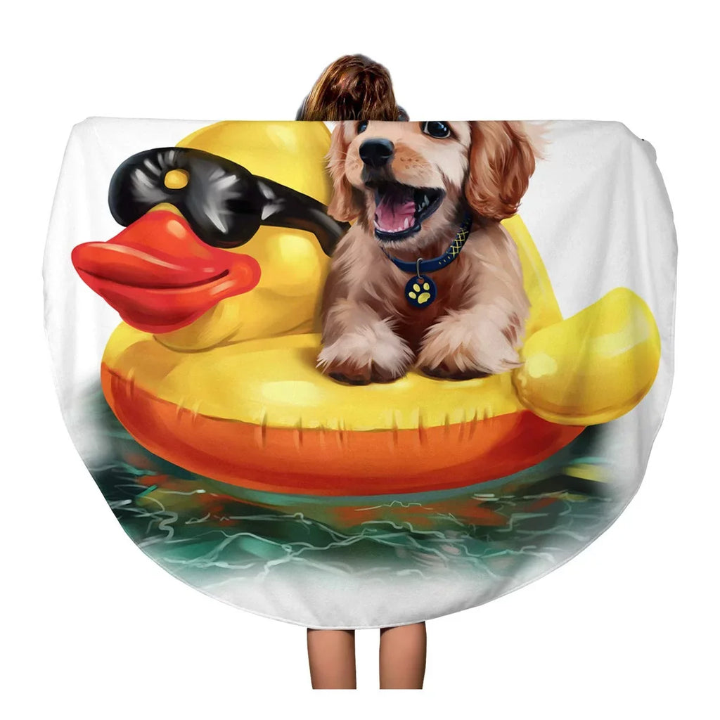 SIDONKU 60 inch Round Beach Towel Blanket Beach Puppy Floats on Inflatable Duck Watercolor Drawing Labrador Travel Circle Circular Towels Mat Tapestry Beach Throw