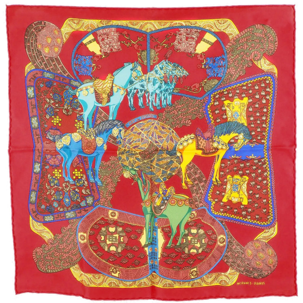 Pre-Owned Hermes Carré 45 ART des STEPPS Step Art Silk Crimson Ladies Scarf (Like New)