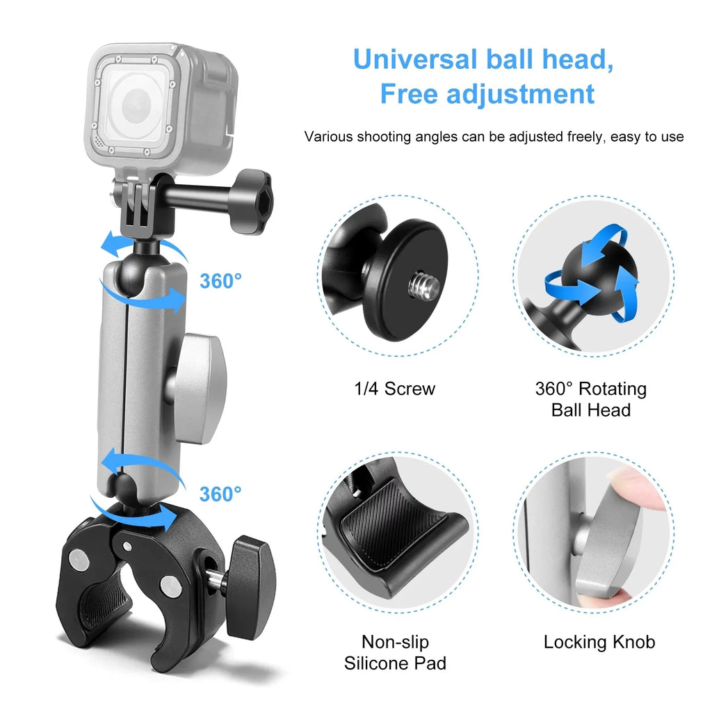 PULUZ PU867B Clamp Mount, Aluminum Alloy Handlebar Adapter, Dual Rotatable Ball Head, AKASO DJI Hero 11/10/9/8 Compatible